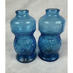 Set Of 2 Wheaton Clear Blue Mini Bud Vases Diamond Pattern 4.5"